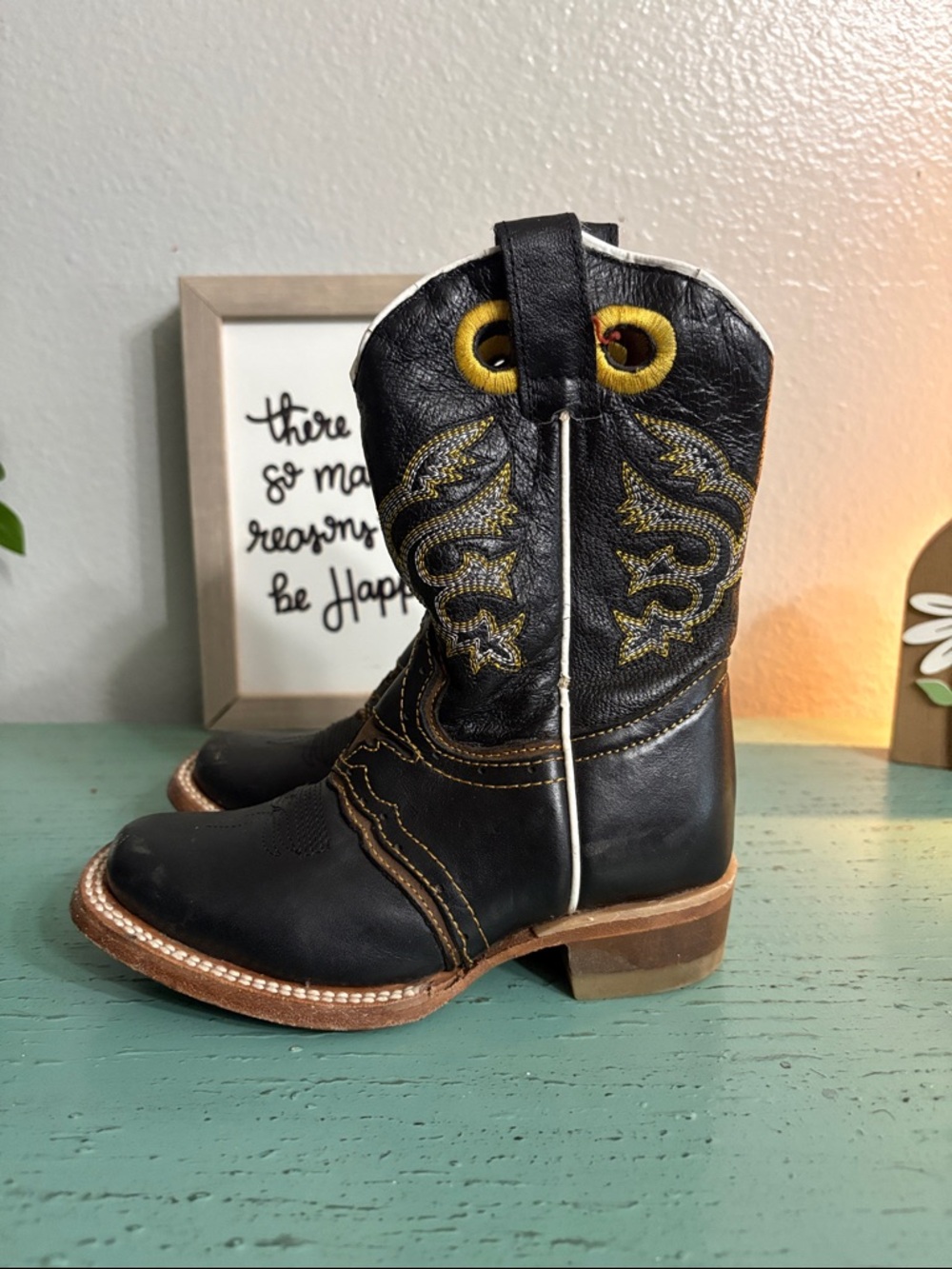 Kids Black & Yellow Western Pull-On Cowboy Boots